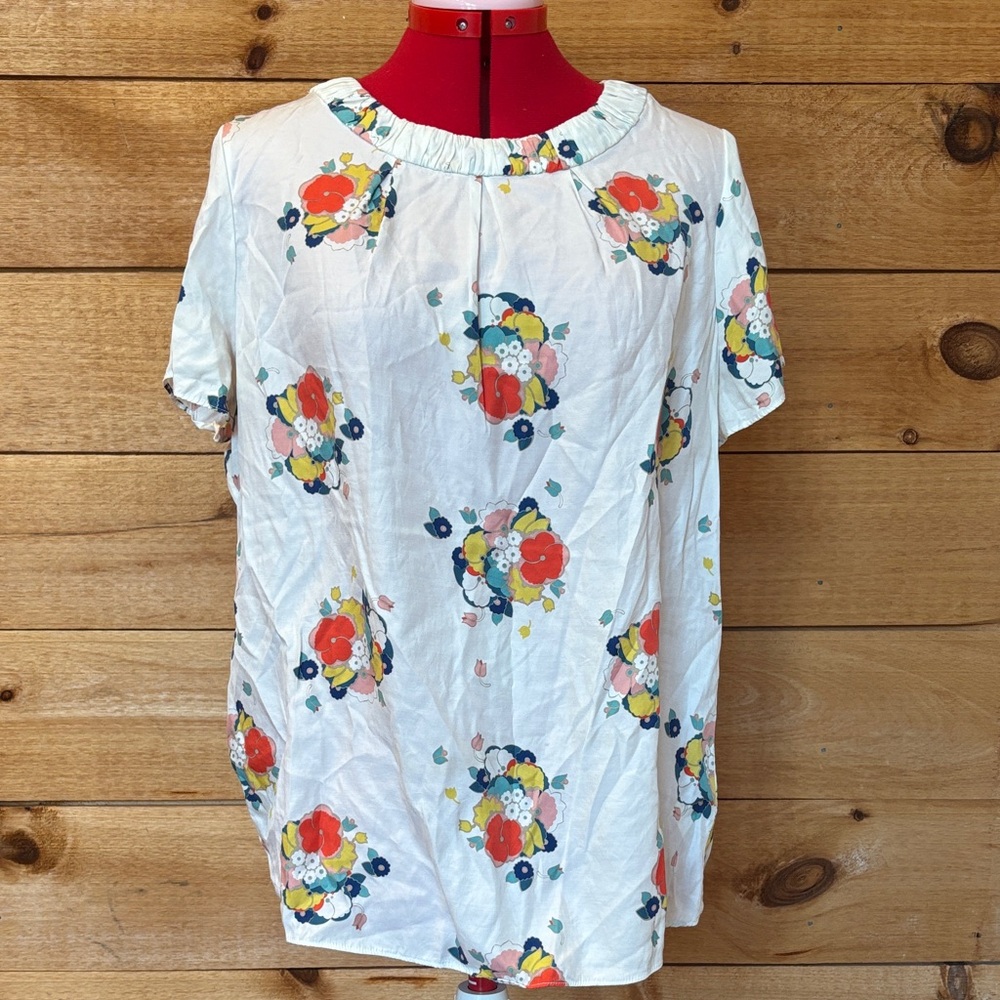 Boden White Short-Sleeve Tunic with Red, Yellow & Navy Floral Print